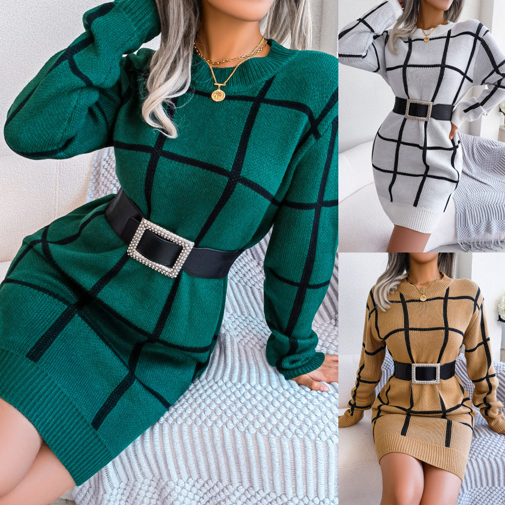 Women's Casual Contrast Color Plaid Long Sleeve Dress