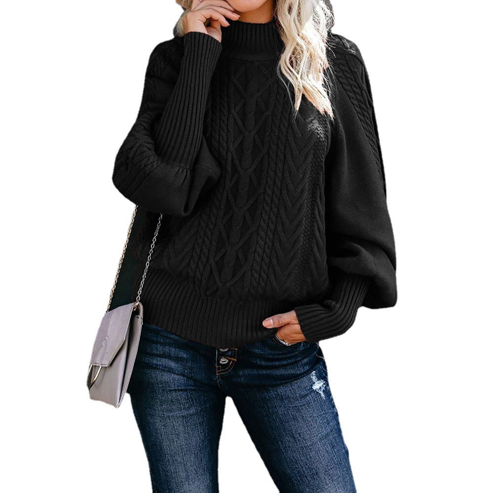 Women's Round Neck Knitted Solid Color Long Lantern Sleeve Sweater