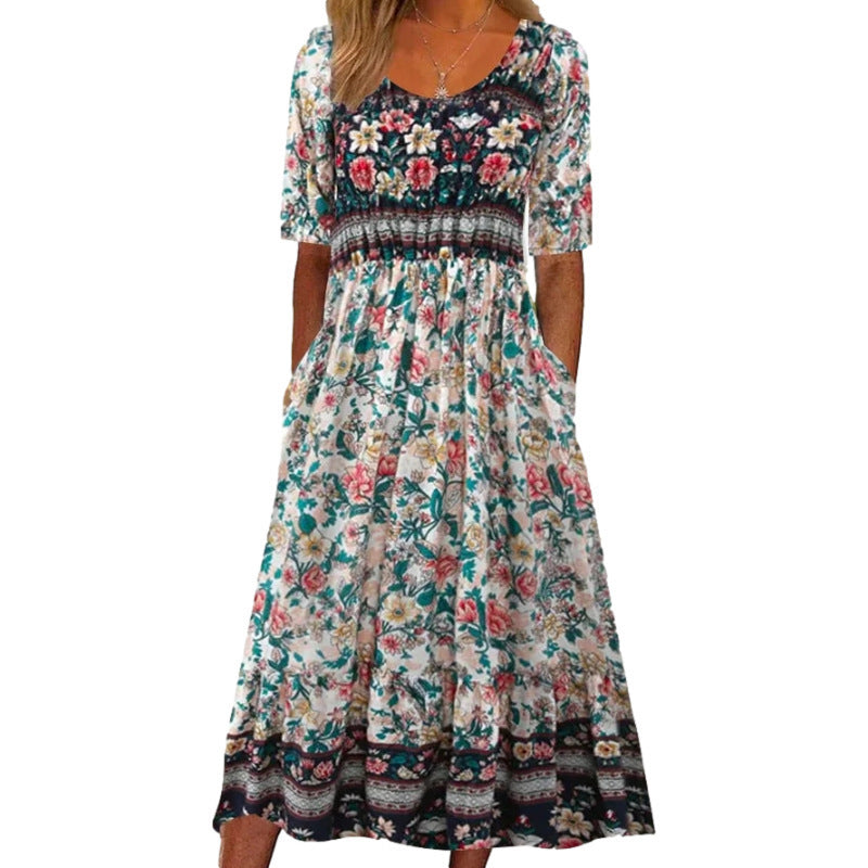 Women's Summer Round Neck Sleeve Dress Bohemian Dresses