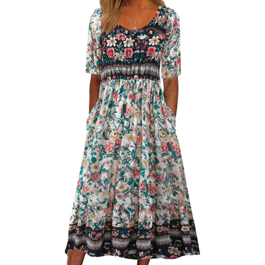 Women's Summer Round Neck Sleeve Dress Bohemian Dresses