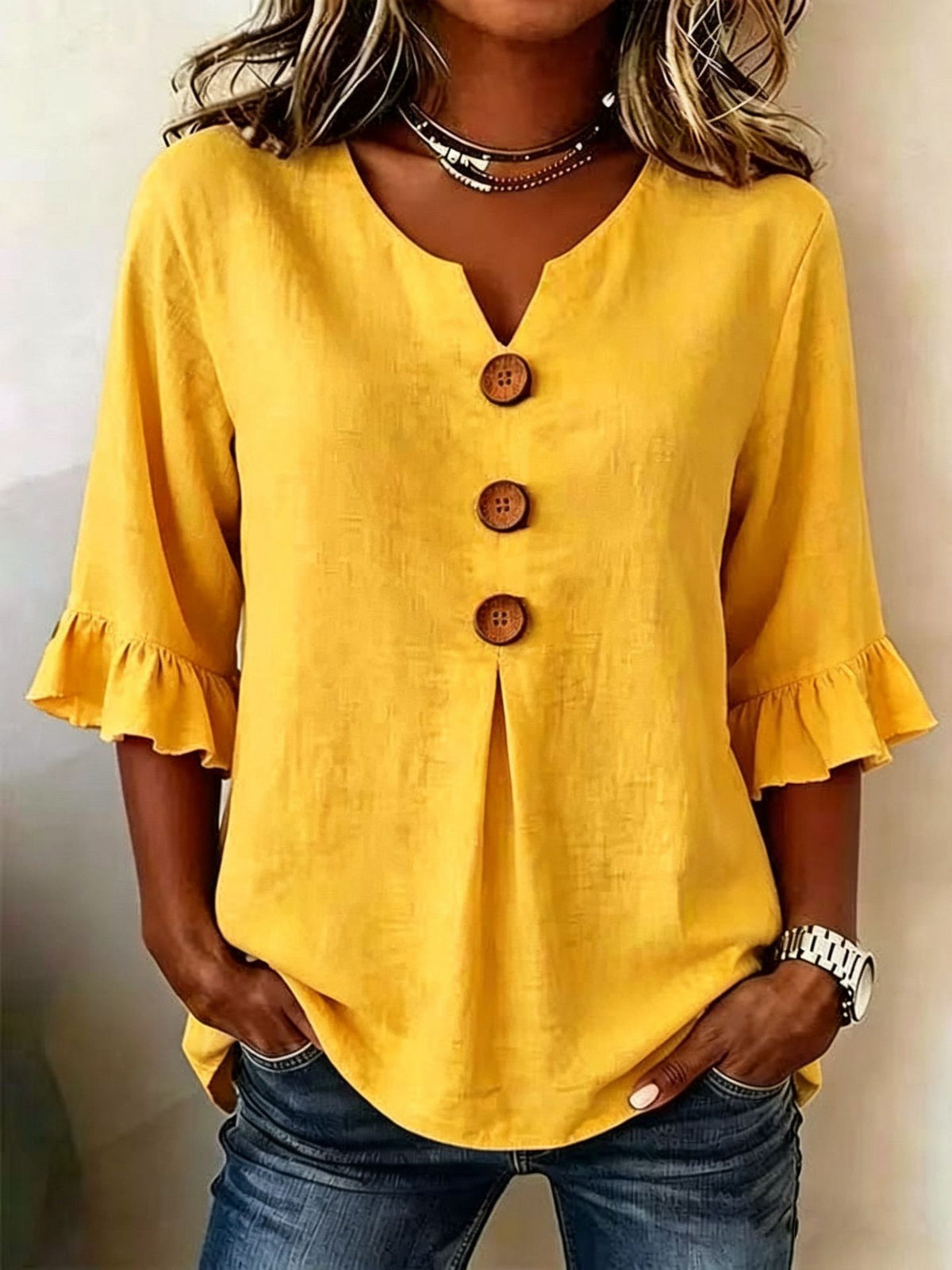 Women's Cotton Linen Large Buttons Ruffle Sleeve Dress