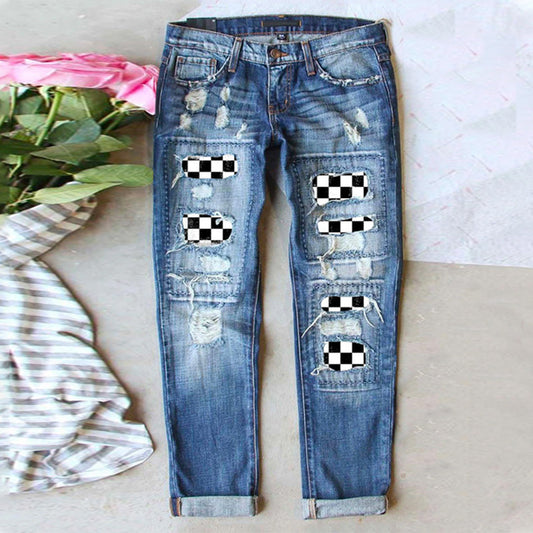 Casual Black White Plaid Button Pocket Jeans
