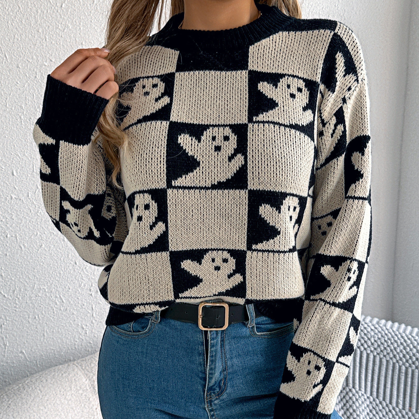 Women's Halloween Plaid Lantern Long Sleeve Pullover Sweater