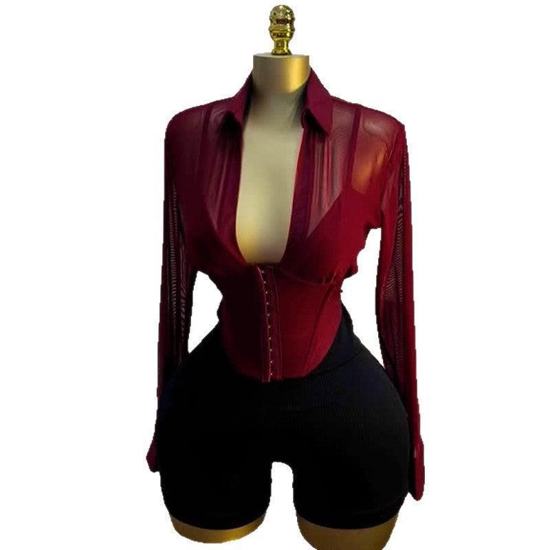 Women's Summer Dignified Sense Of Design Lapel Waist Tight Long Blouses