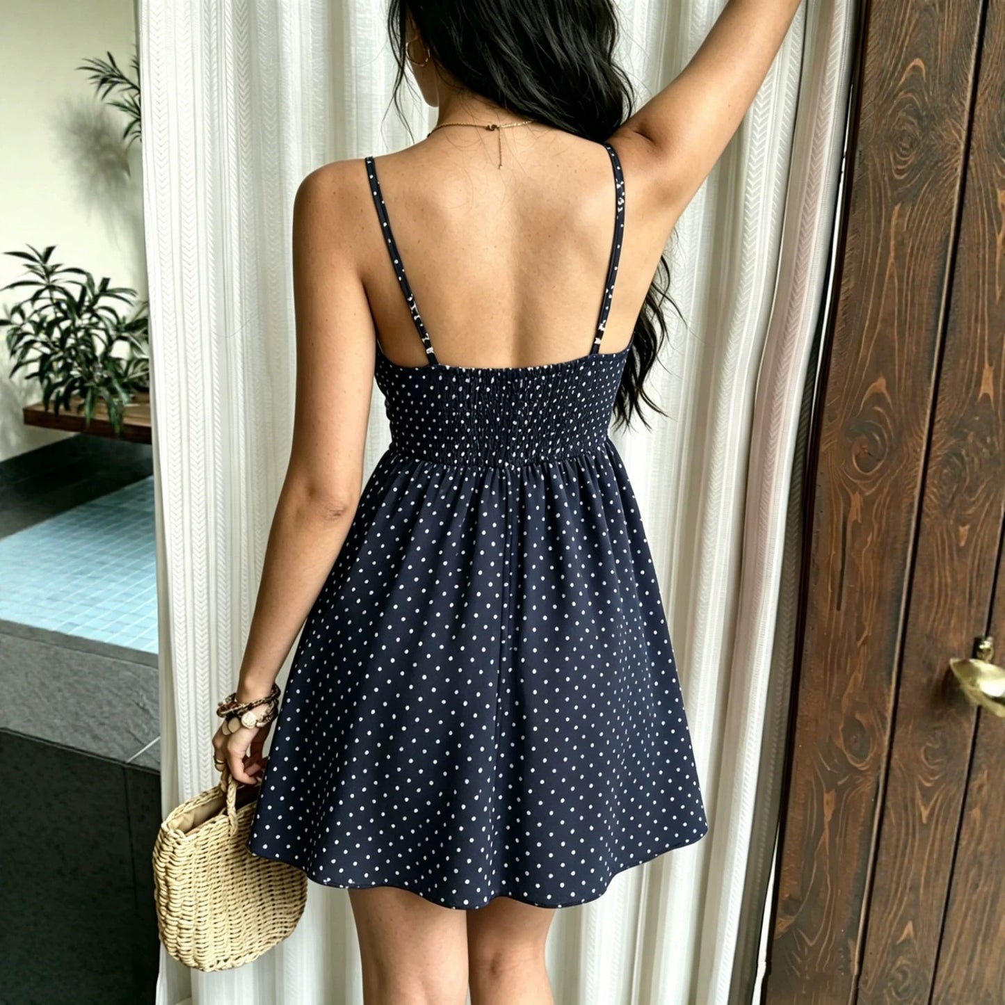 Women's Summer Fashion Chest Pleated Backless Smocking Polka Dot Dress