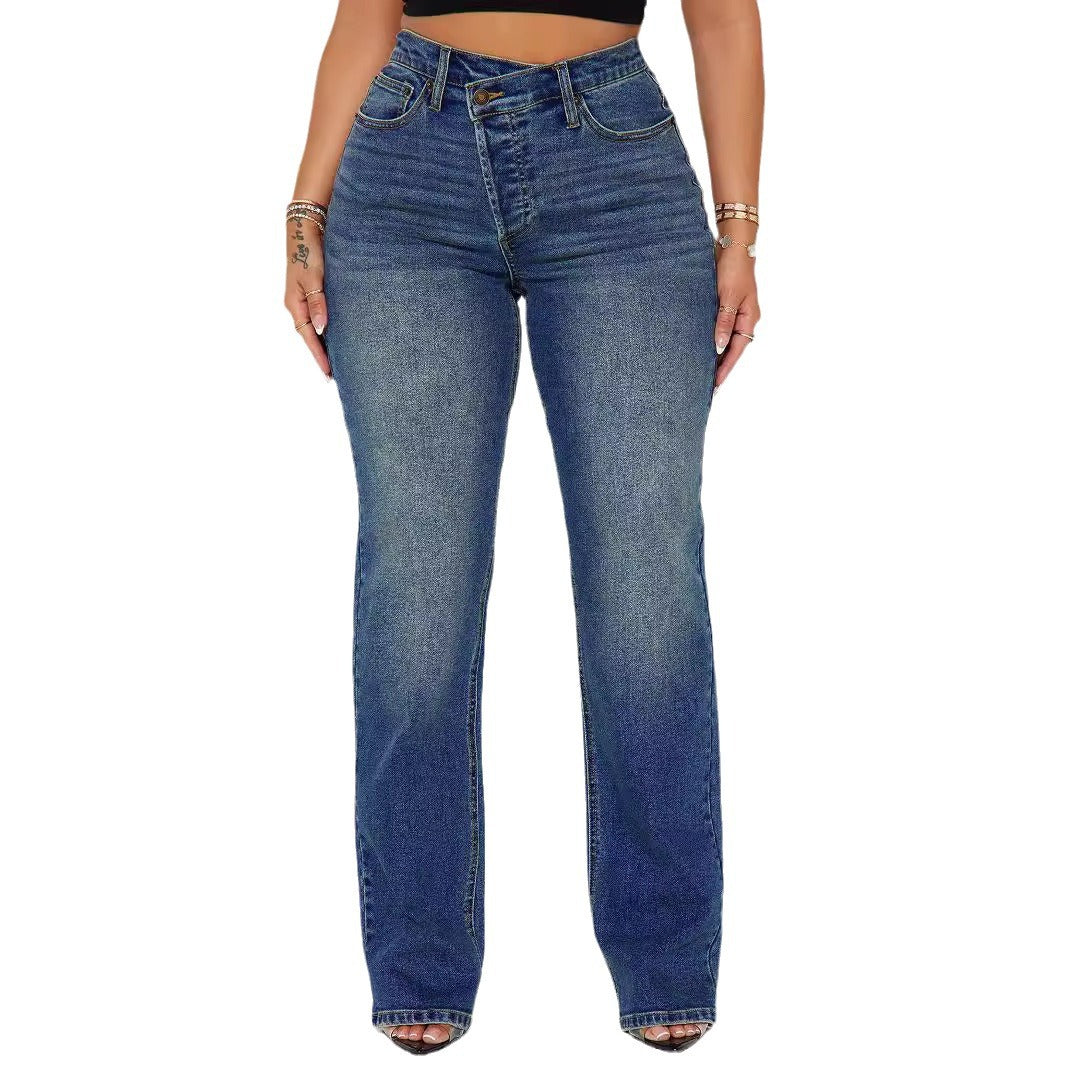 Women's Stretch Fashion Personality Street Washed Polo Jeans