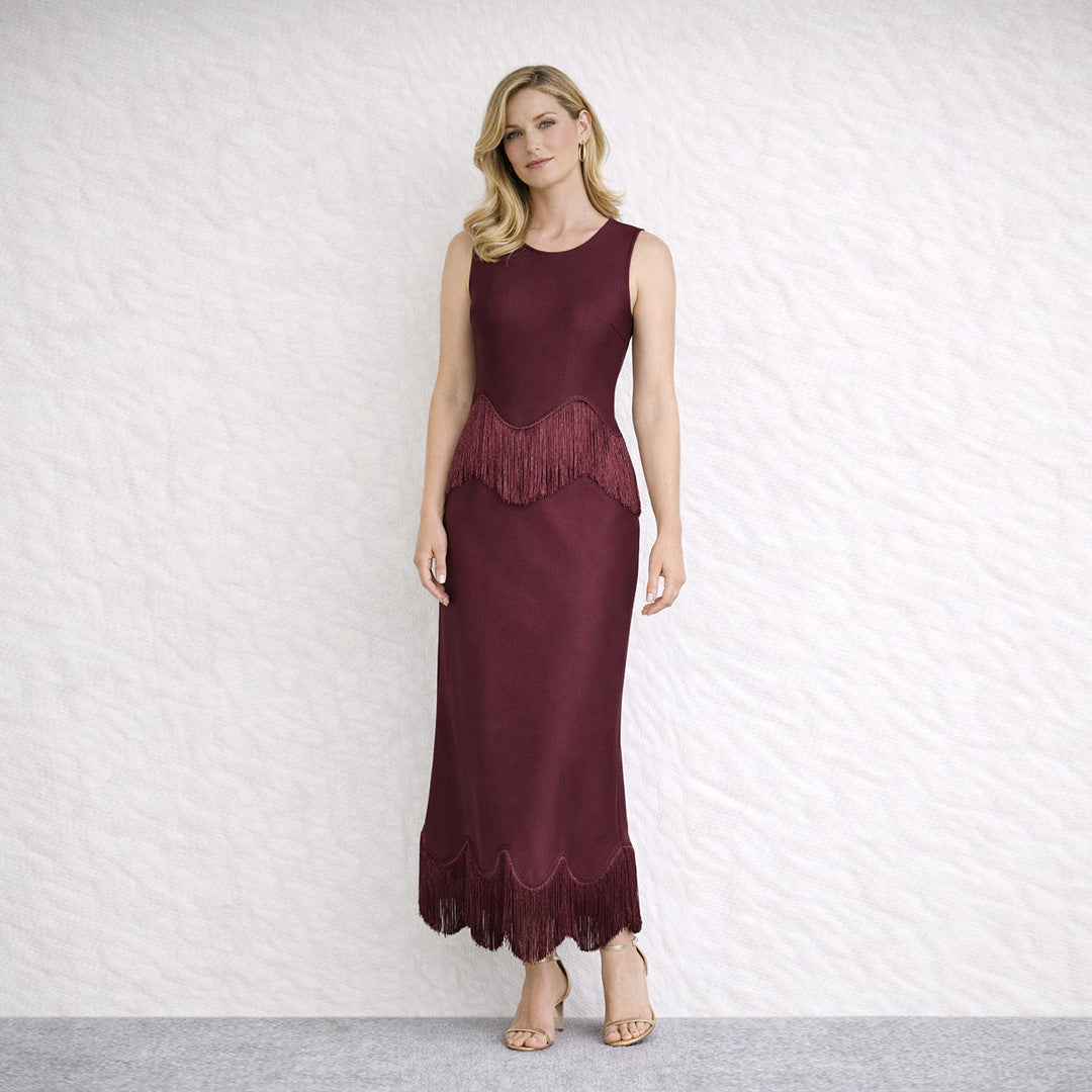 Women's Tassel Decorative Midi Wine Red Elegant Bandage Dress