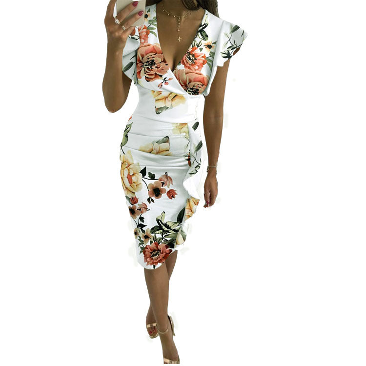 Summer Slim Fit Waist Pleating Ruffled Dress