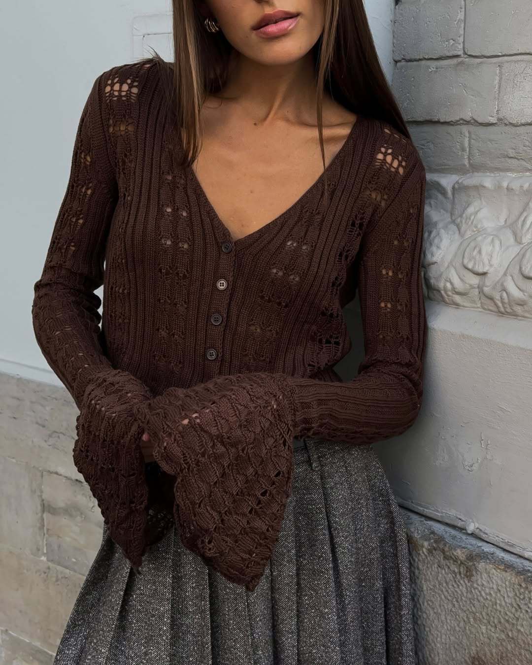 Women's Hollow Knitted Clothes Solid Color Long Blouses