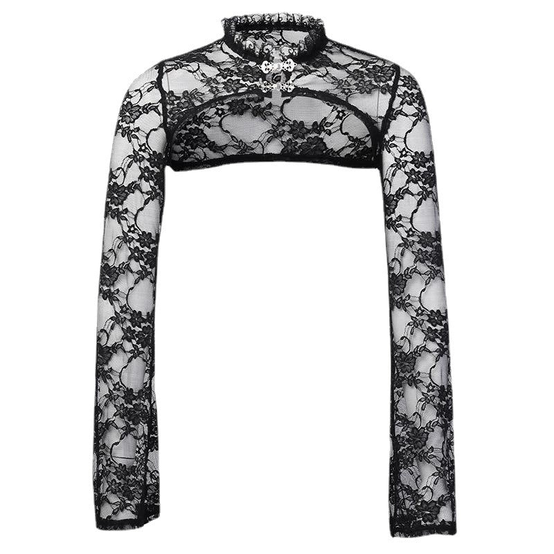 Bell Sleeve Black Stand-up Collar V Blouses