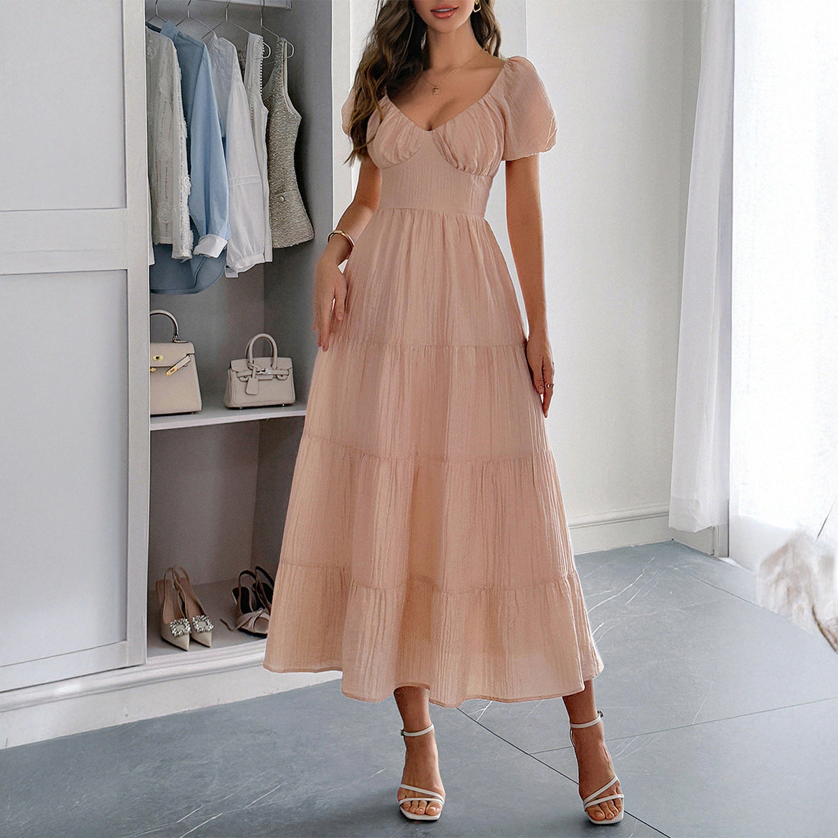 Women's Casual Vacation Style Puff Sleeve Maxi Dress