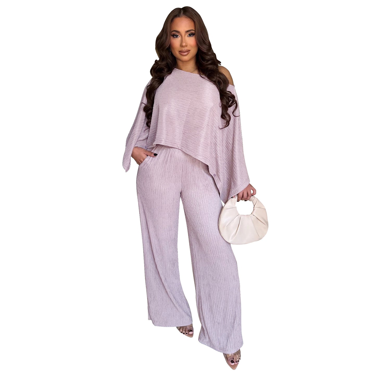 Women's Fashion Wear Pleated Oblique Shoulder Trousers Solid Suits