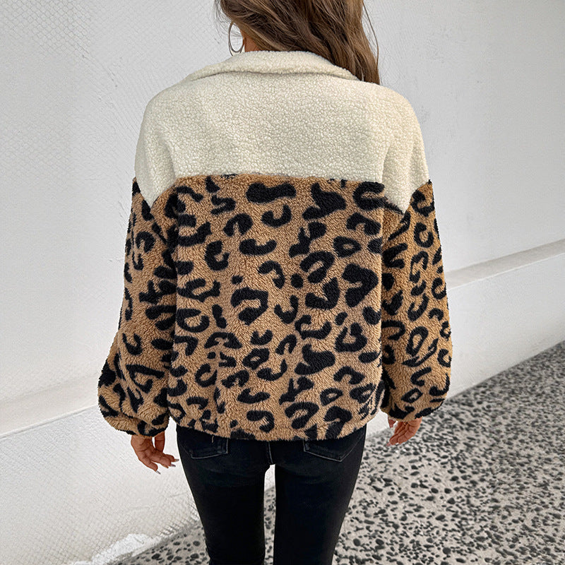 Women's Long-sleeved Leopard Print Wool Warm Polo Jackets