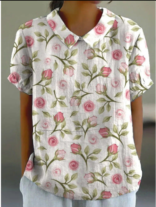 Women's Summer Loose Print Crew Neck Casual Blouses