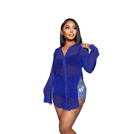 Women's Color Long Sleeve Lapel Loose Temperament Split Blouses
