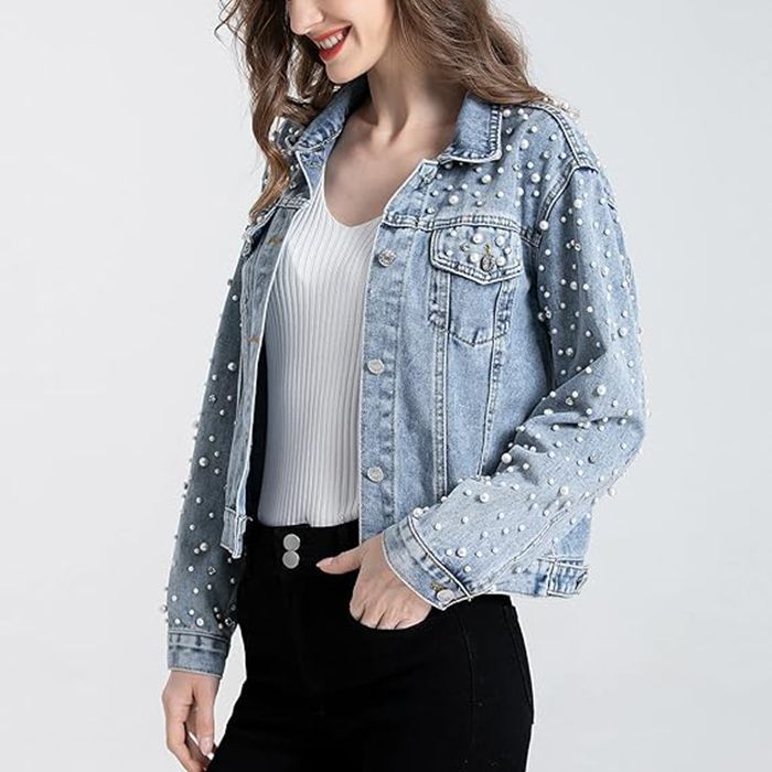 Women's Innovative Cool Pearl Denim Rhinestone Jackets