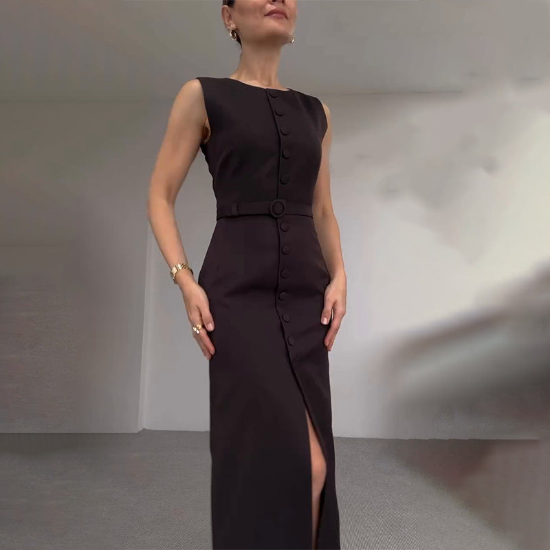 Solid Color Round Neck Sleeveless Split Dresses