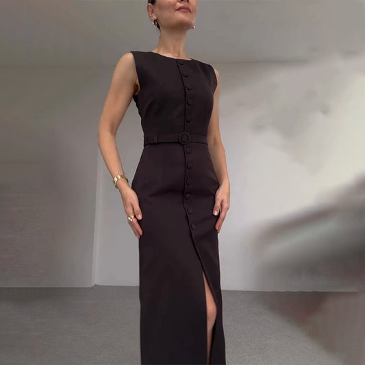 Solid Color Round Neck Sleeveless Split Dresses