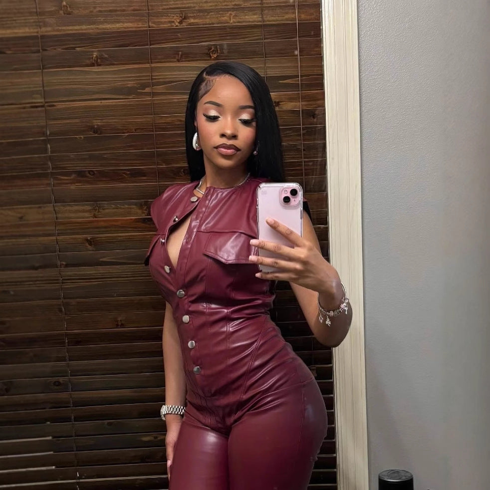 Women's Beautiful Versatile Trousers Sleeveless Leather Jumpsuits