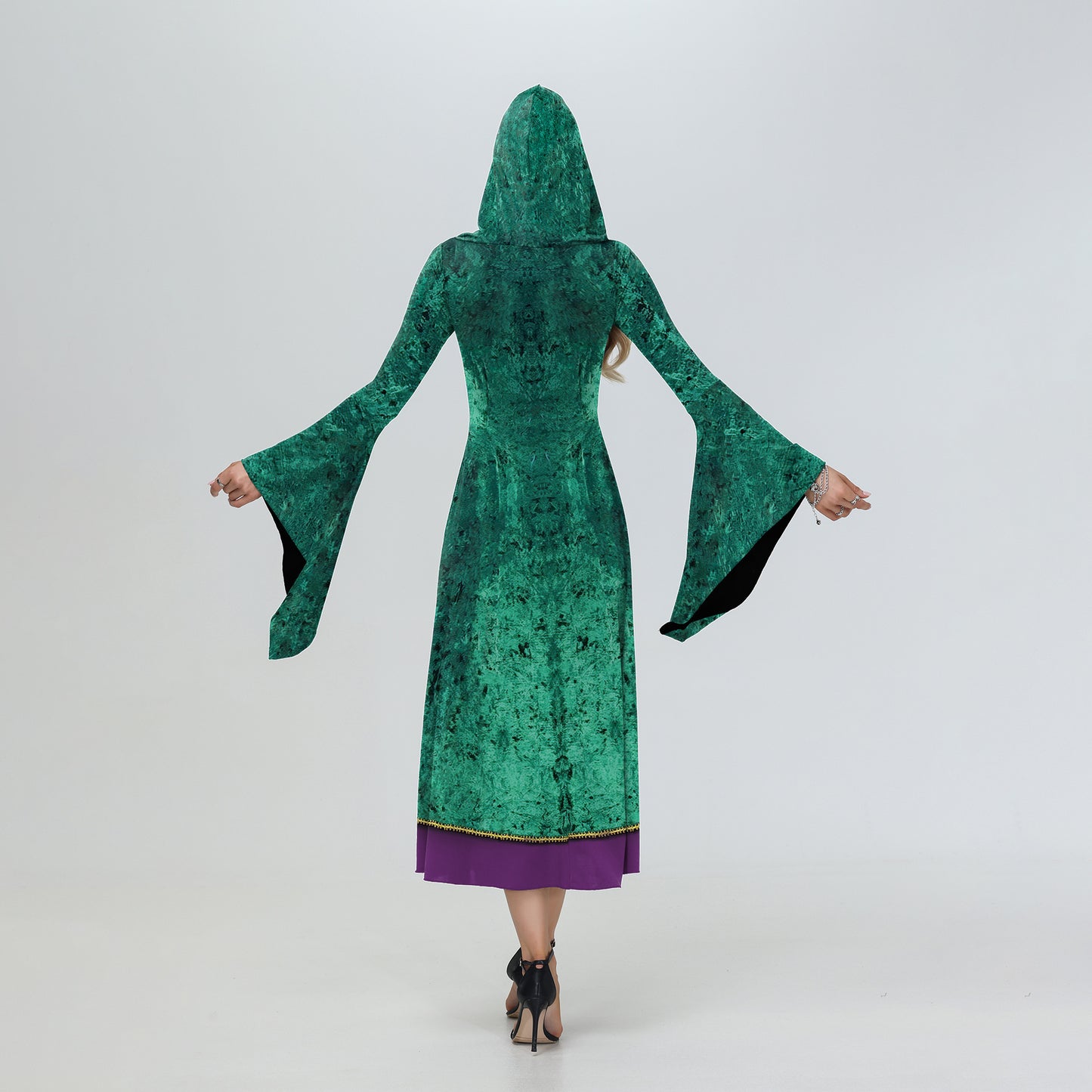 Women's Halloween Witch Also Crazy Hooded Bell Sleeve Digital Dress