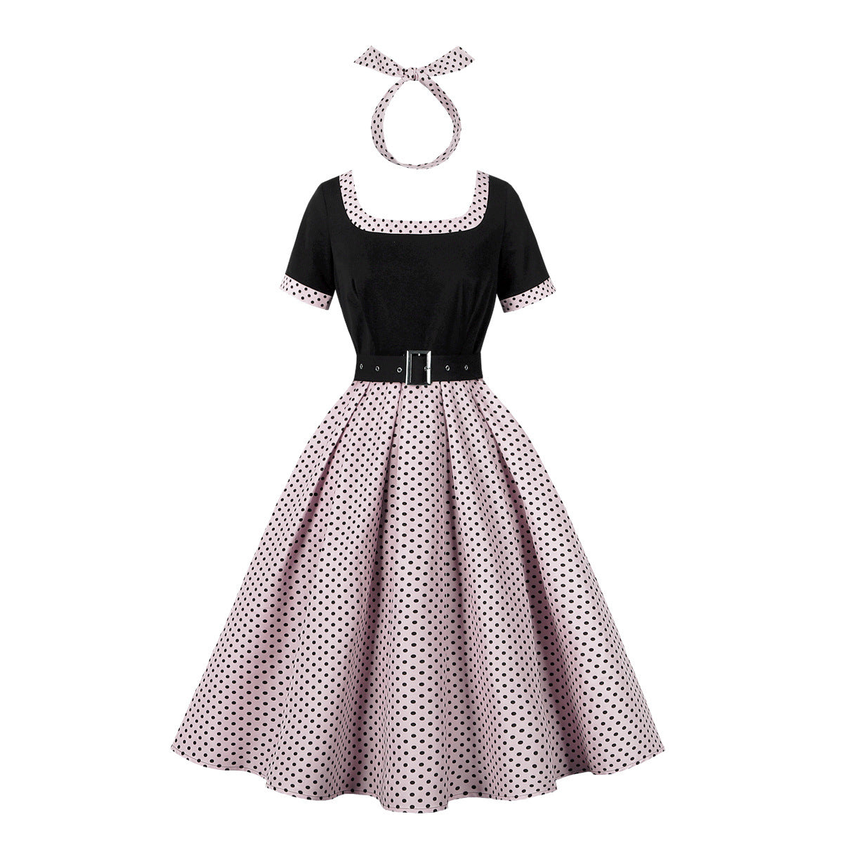 Women's Dots Stitching Square Collar High Big Dresses