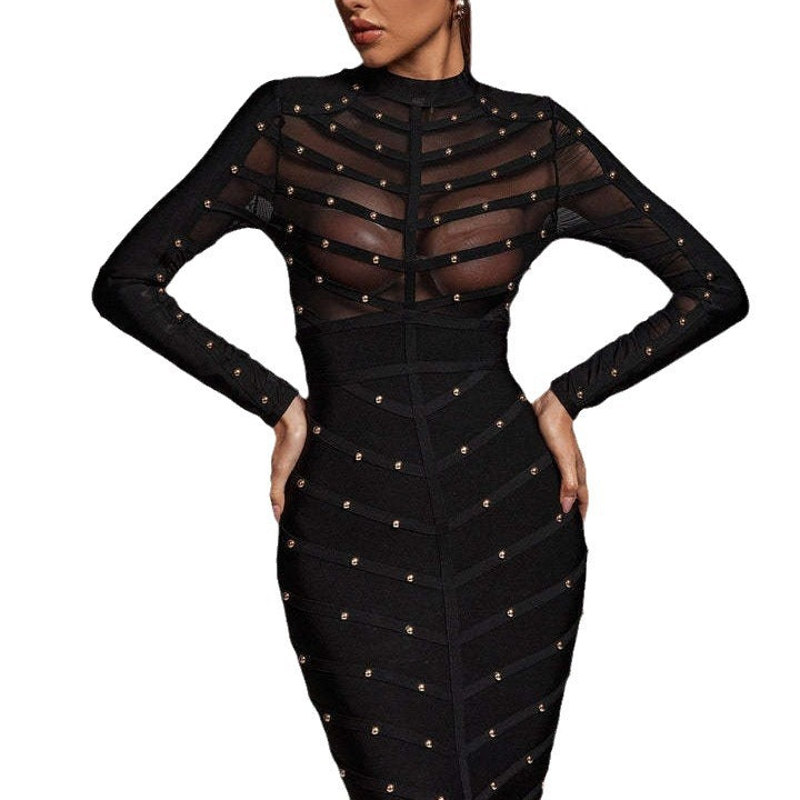 Women's Nail Mesh Long-sleeved Dress Bandage One-piece Dresses