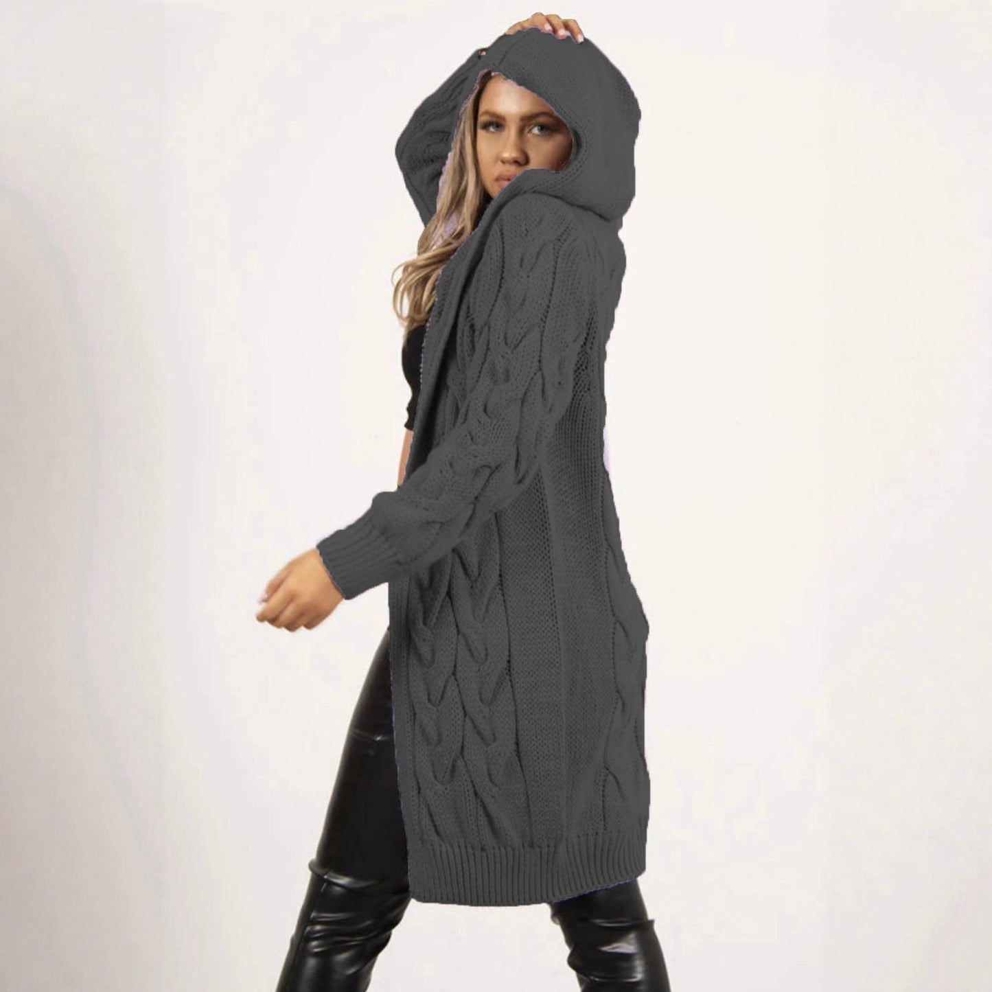 Women's Knitted Long Thick Thread Hooded Twist Knitwear