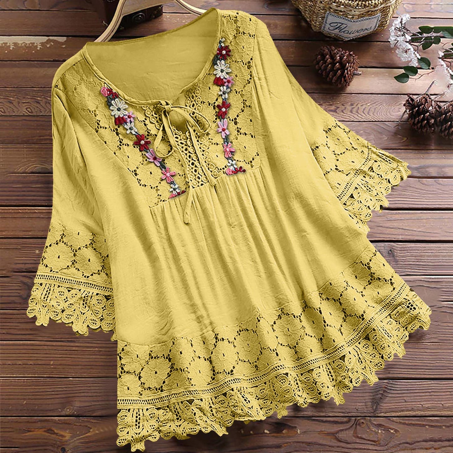 Women's Summer Cotton Linen Stitching Lace Elegant Blouses