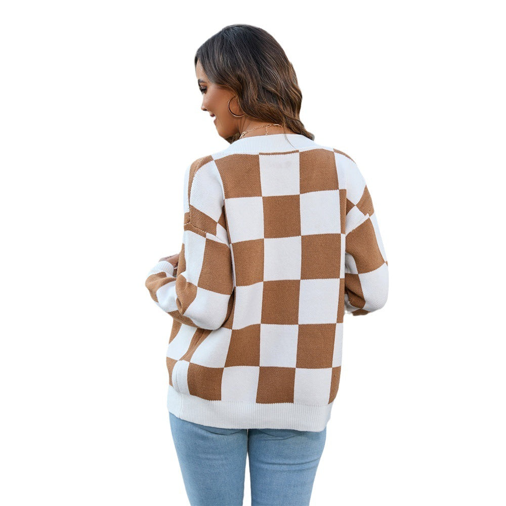 Women's Spring Plaid Large Stitching Knitted Tide Sweater