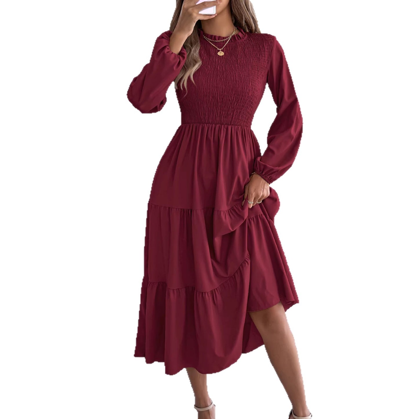 Women's Color Long Sleeve Smocking Slim Fit Dress