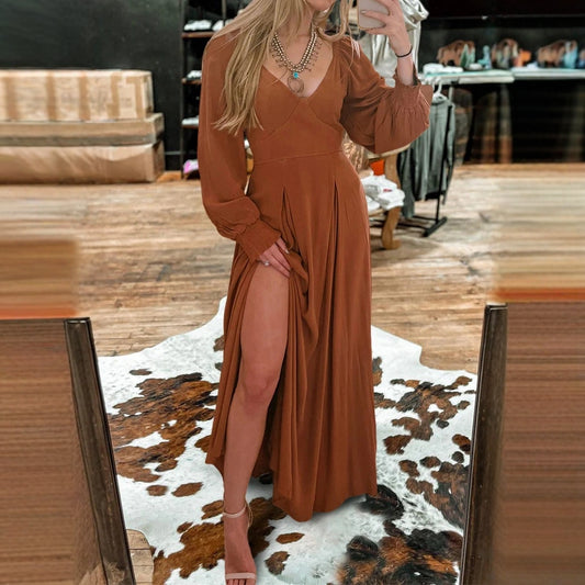 Elegance Retro Neck Slit Long Sleeve Dresses