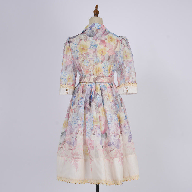 Women's Collar Sleeve Single-breasted Printed Elegant Dress Dresses