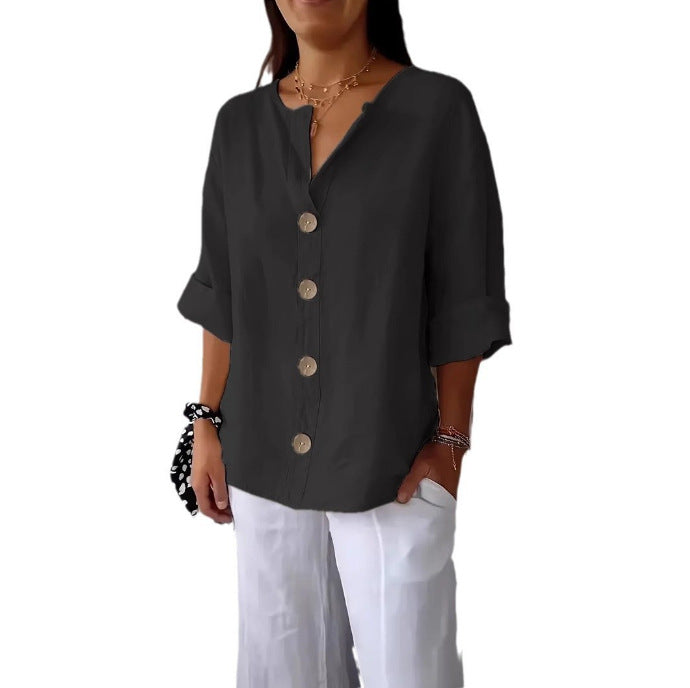 Women's Summer Loose T-shirt Cotton Linen Button Blouses