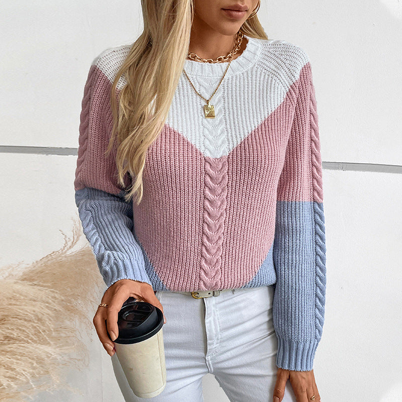 Women's Contrast Color Twisted Retro Loose Pullover Sweater