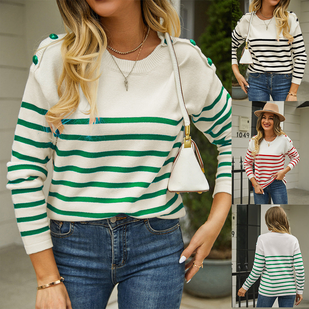 Spring Pullover Patchwork Button Striped Stitching Women's Sweater