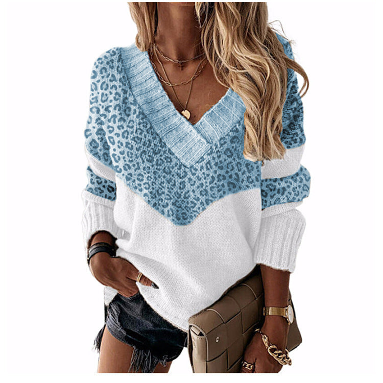 Collar Pullover Color Matching Striped Leopard Tops
