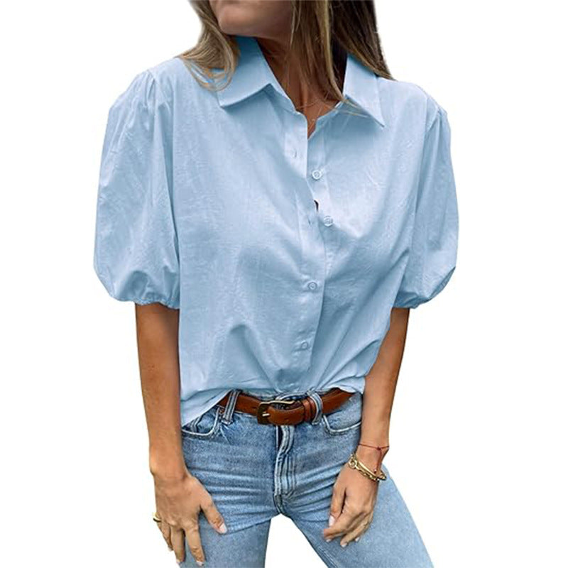 Women's Summer Puff Sleeve Solid Color Buttons Blouses