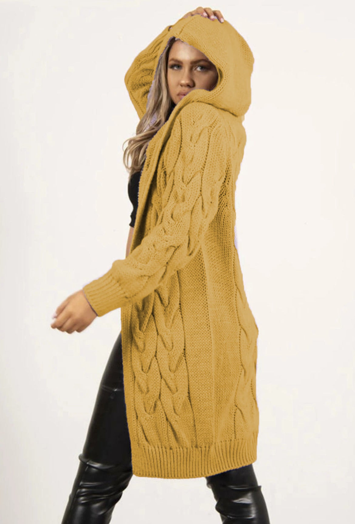 Women's Twist Braid Idle Style Hooded Mid-length Women's Sweater