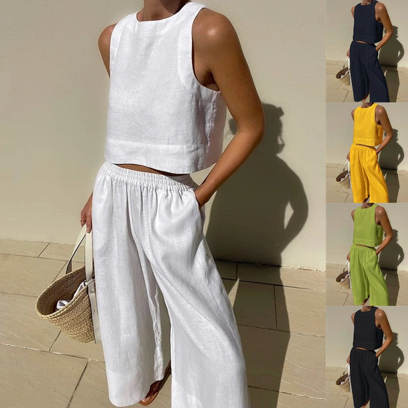 Loose Solid Color Sleeveless Shirt Trousers Fashion Casual Suit