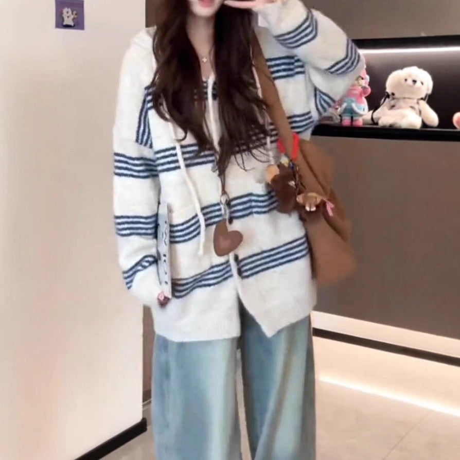 Women's Idle Style Mixed Color Stripe Hooded Long Sweater