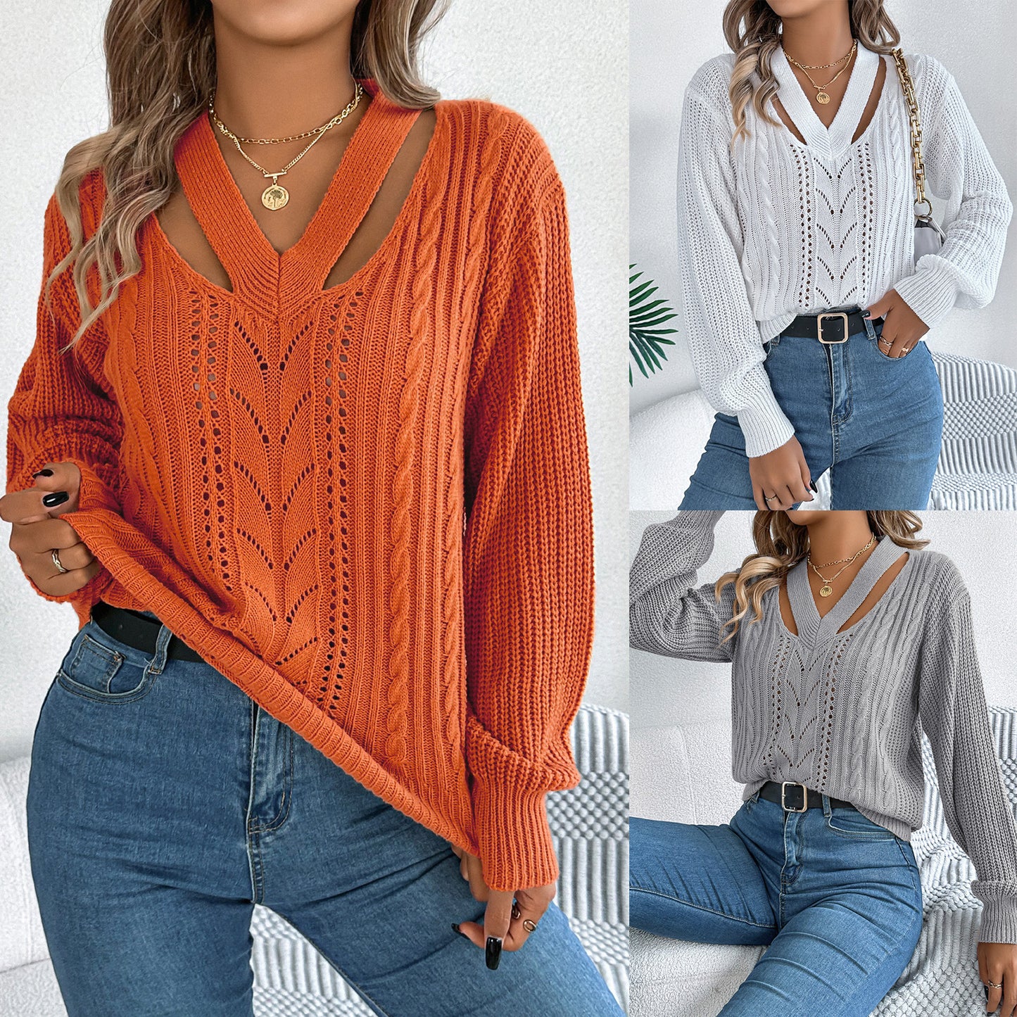 Women's Casual Hollow Out Twist Lantern Sleeve Sweaters
