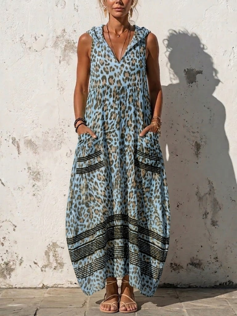 Women's Summer Sleeveless Hooded Leopard Print Pocket Vacation Style Dress