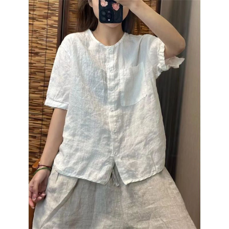Women's Linen Sleeve Round Neck Shirt Summer Retro Art Loose-fitting Blouses