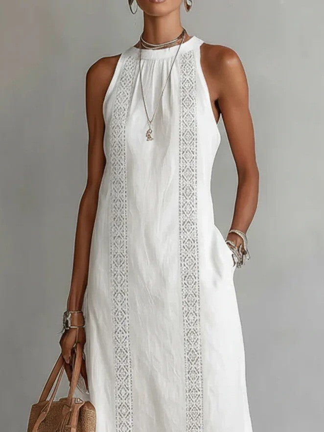 Women's Spring Clothes Halter Vacation Solid Color Lace Stitching Dress