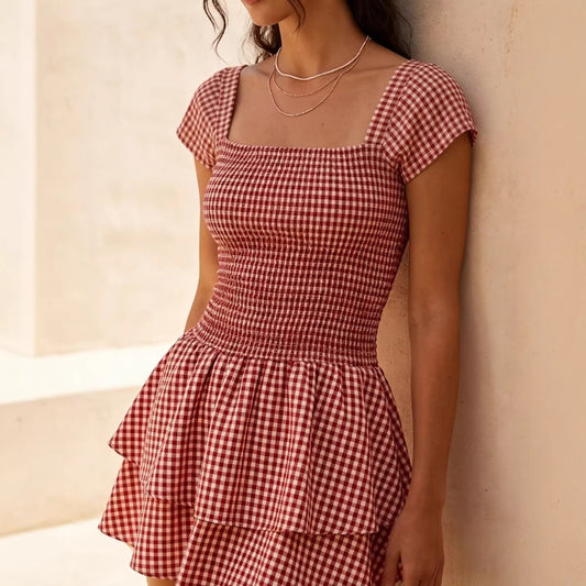 Women's Retro Plaid Summer Square Collar French Clothing