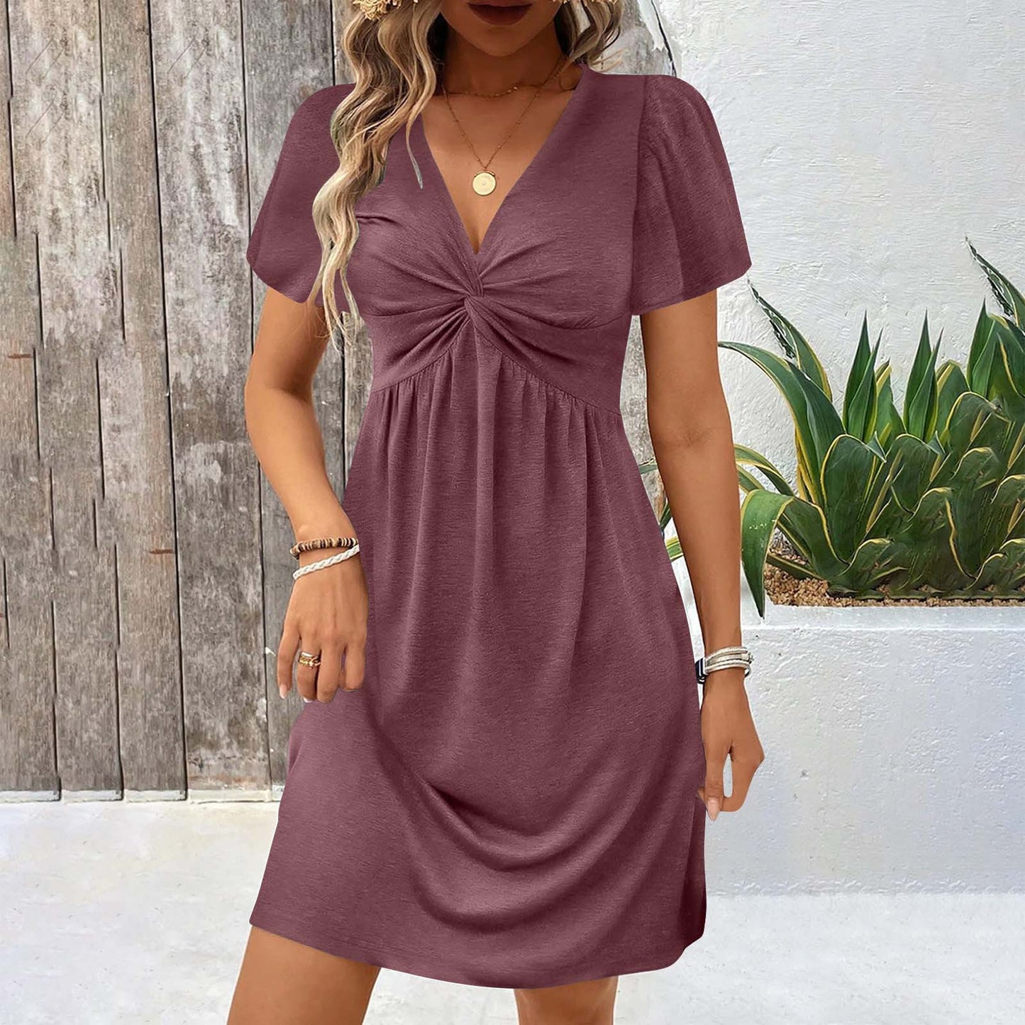 Women's Dress Fashion Sleeve Twist Solid Color Dresses