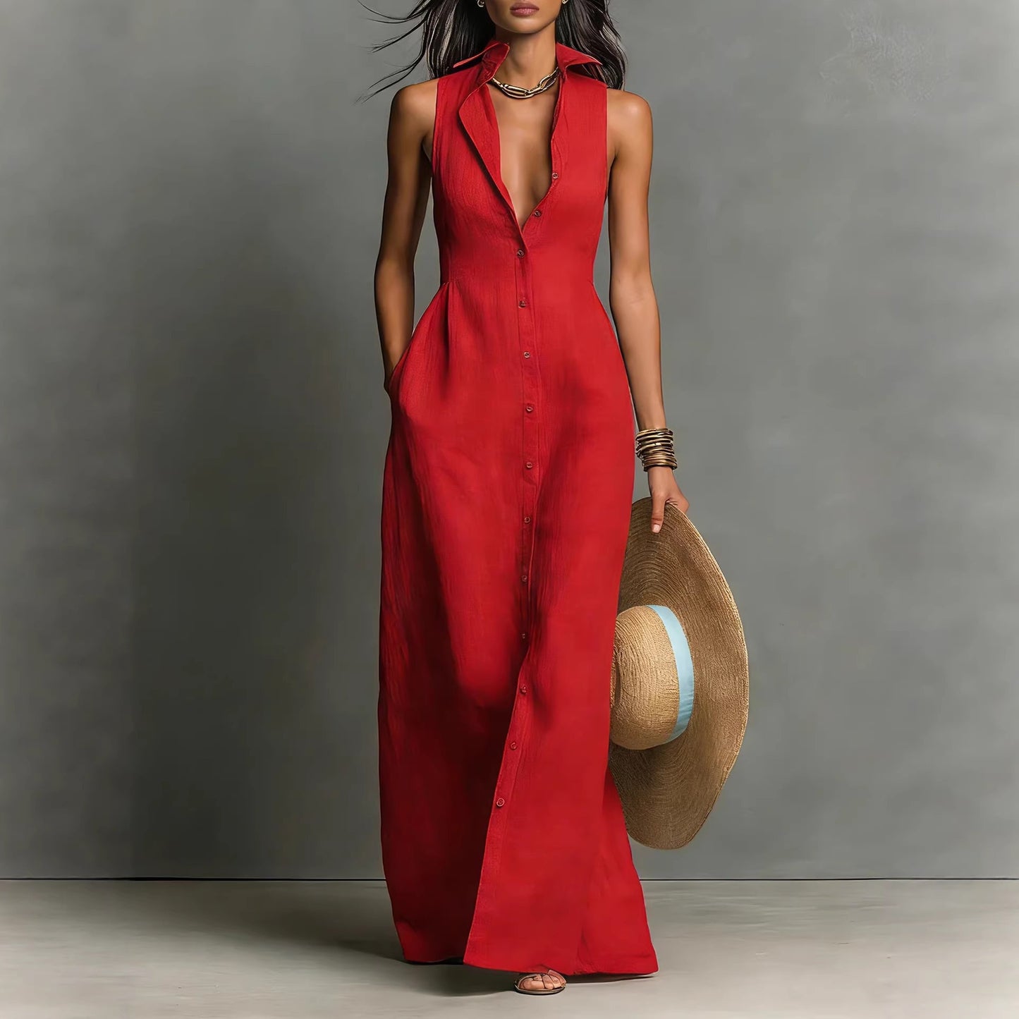 Classic Casual Summer Breasted Sleeveless Collar Dress