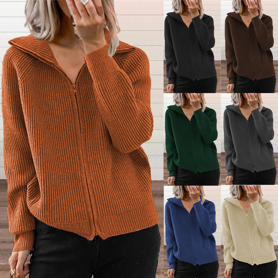 Women's Striped Casual Loose Zipper Long Sleeve Sweater