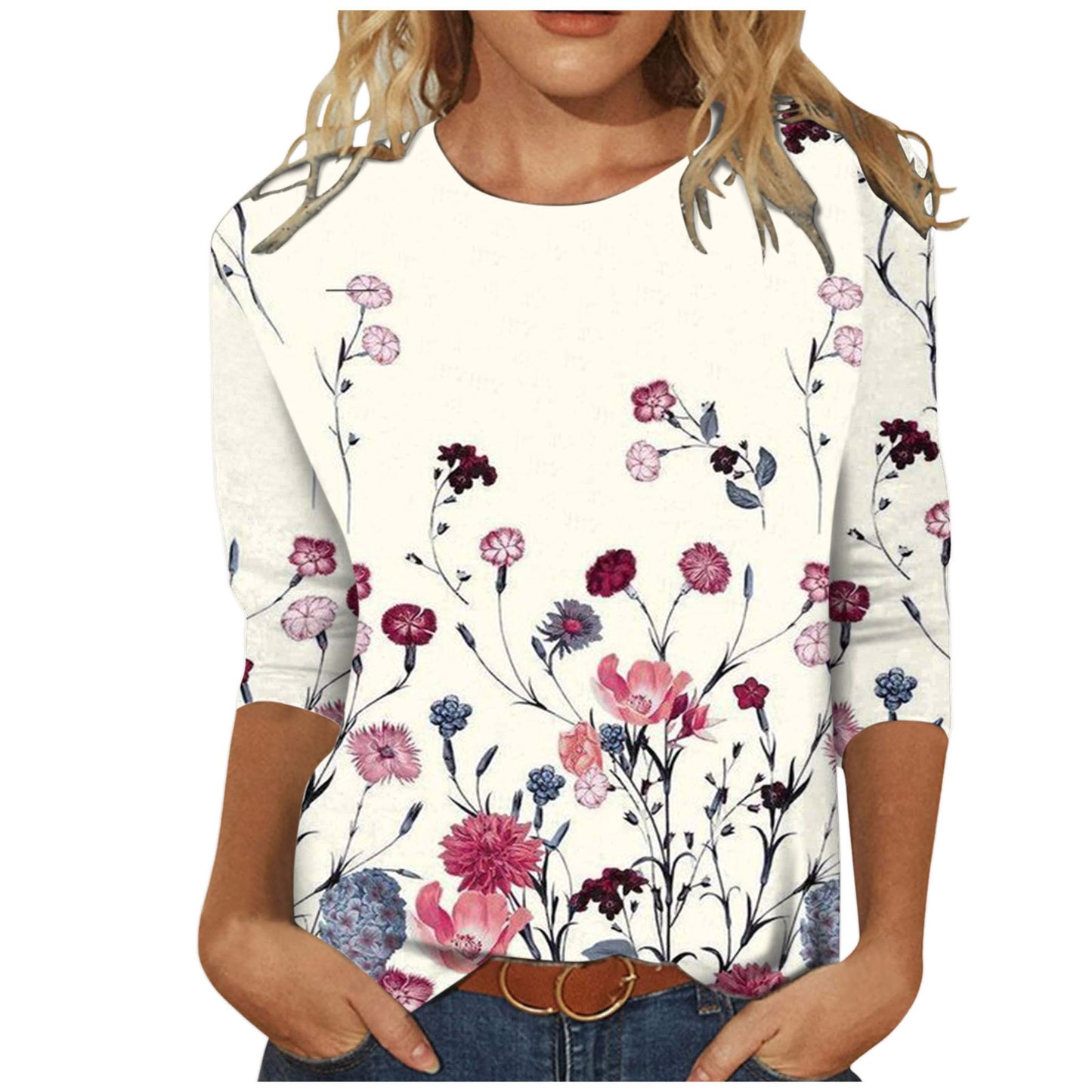Women's Round Neck Long Sleeve Loose Print Blouses