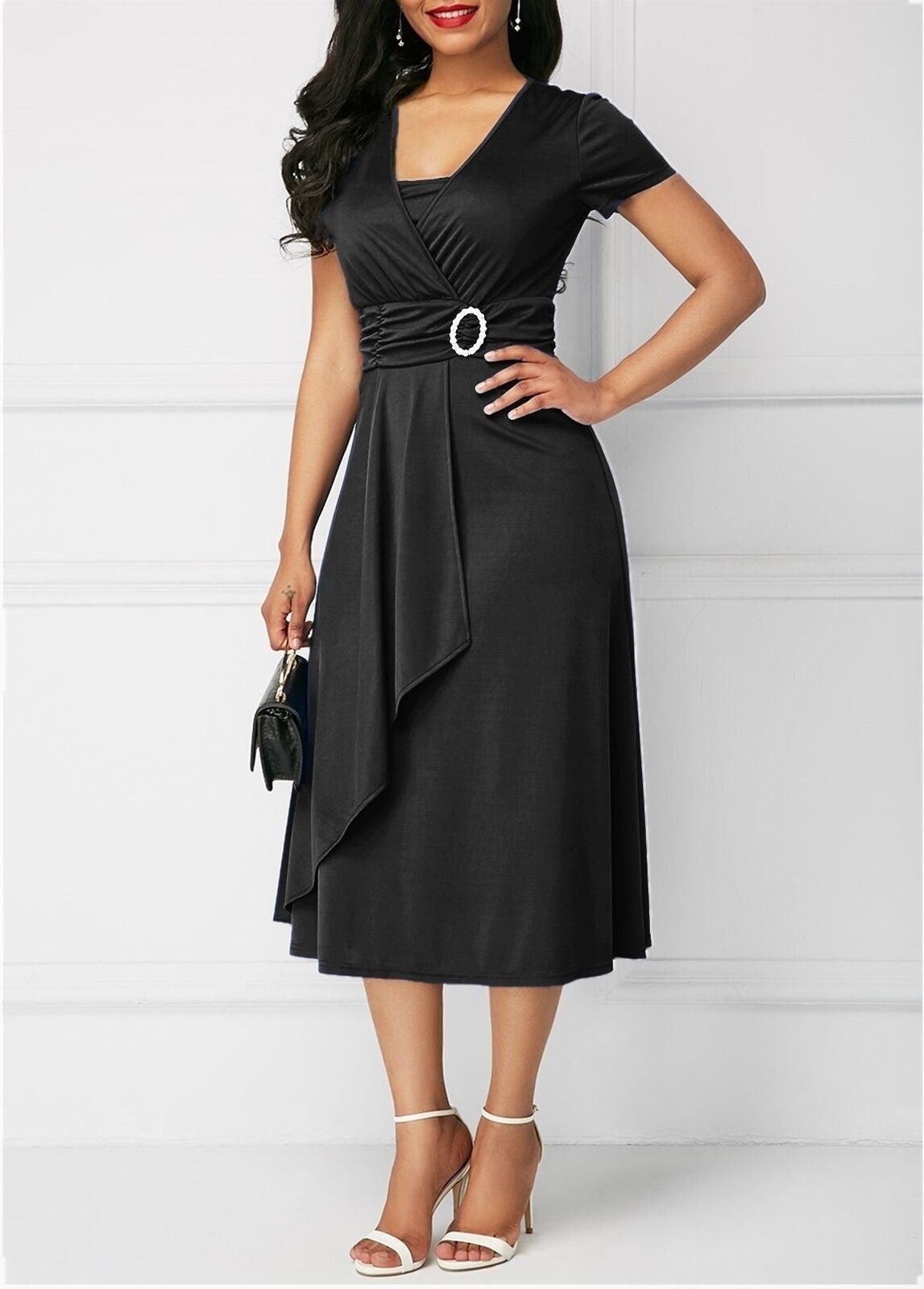 Women's Ladies Elegant Sexy Asymmetric Large Swing High Waist Mid-length Solid Dress